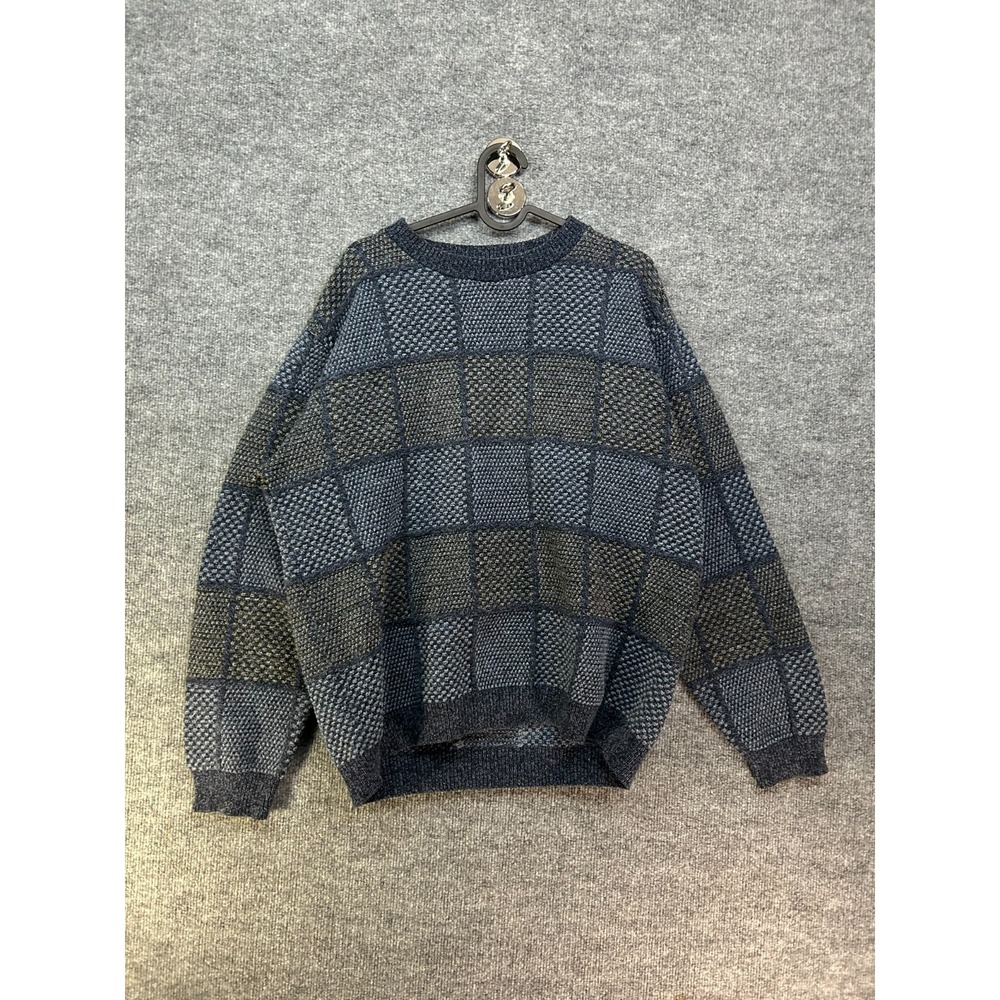Vintage Bill Blass Textured Sweater Blue Gray Block Pattern Grandpa Cozy - Large